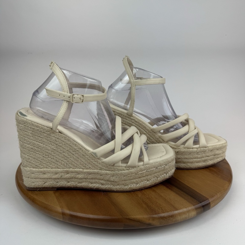 New Circus NY Sam Edelman Irene Ivory Faux Leather Espadrille Wedges Size 11 M